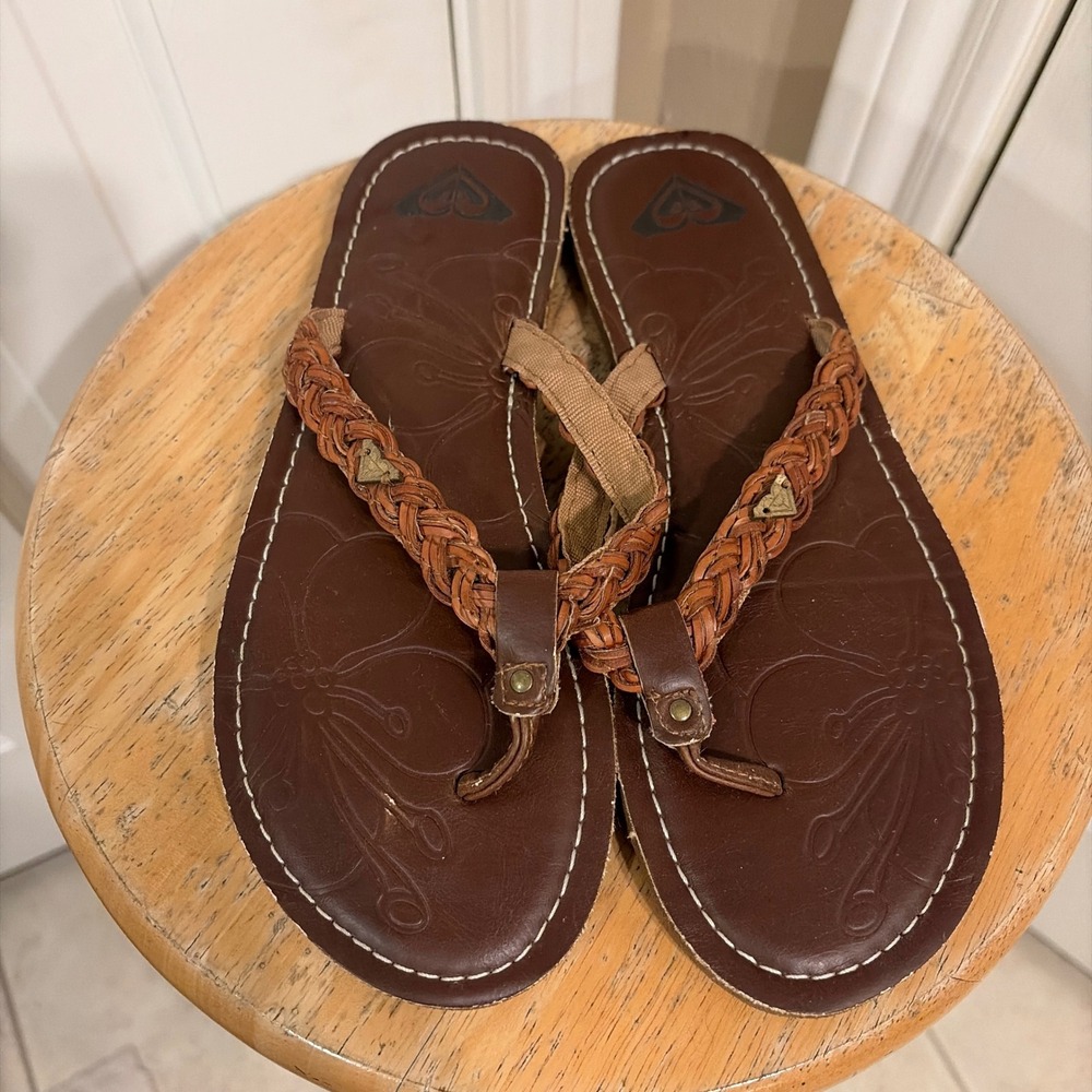 Roxy Braided Flip Flops Sandals Womens Brown Faux Leather